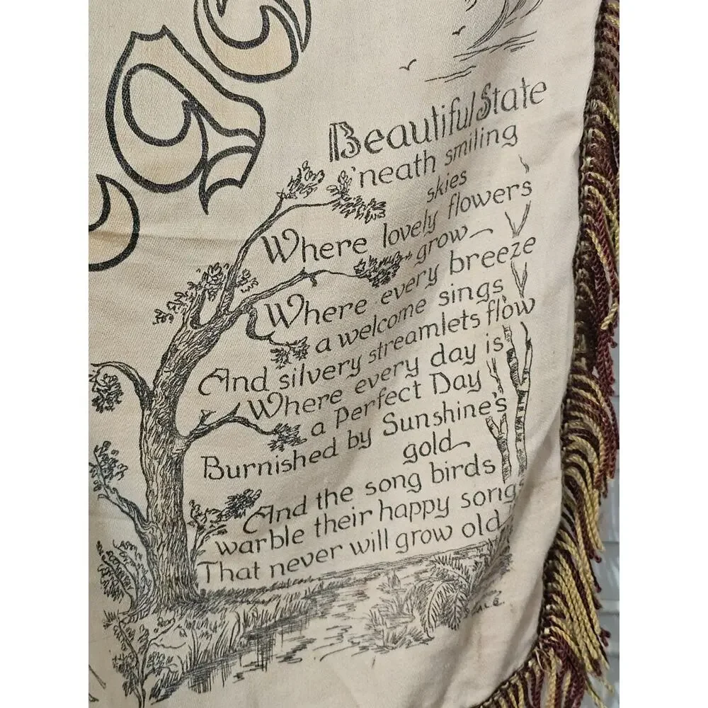 Vtg Oregon Souvenir Pillow Cover Case Fringe Estacada Rose Cream Satin Sham READ